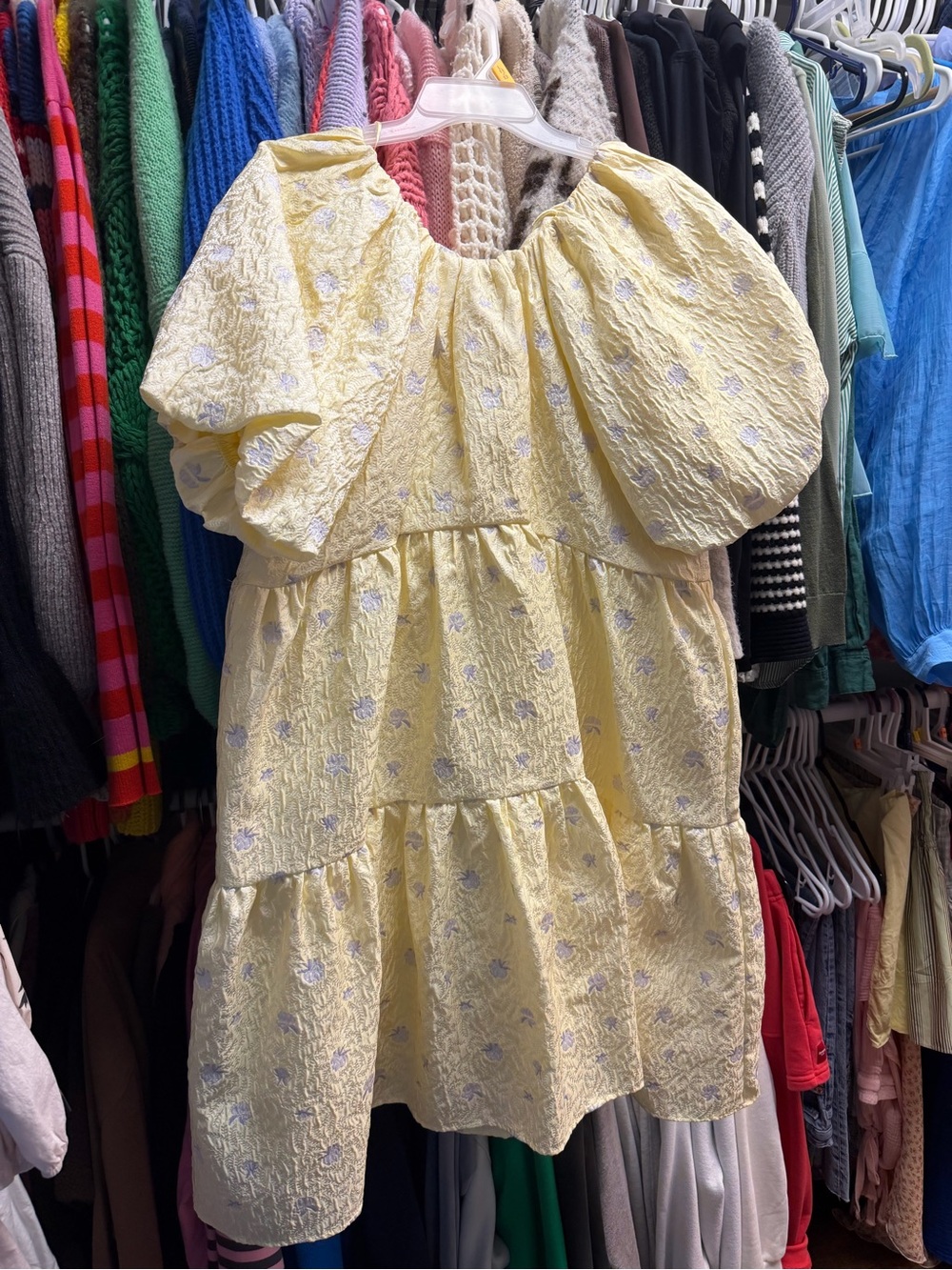 English Factory Yellow Puff-Sleeve Tiered Midi Dress